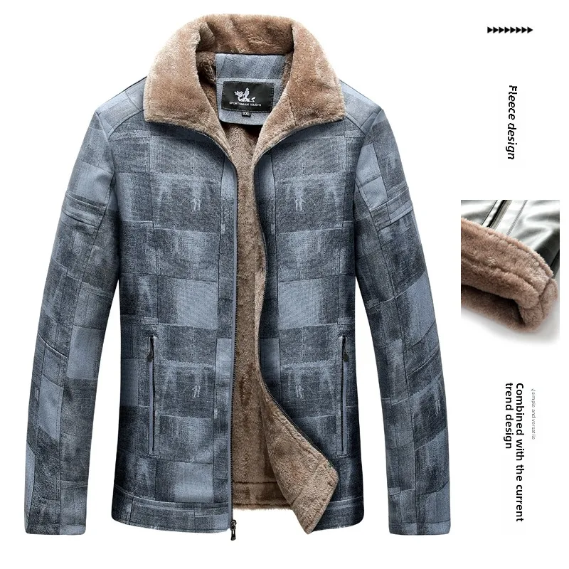 Men's Plush Leather Clothing Autumn Winter New Solid Color Check Print Casual Business Roll-Neck Fur Collar Coat Men Warm Jacket