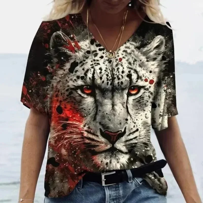 Summer T-shirts with Vintage Tiger 3D Print, Casual Short-Sleeve V-Neck T-shirt for Women, Y2K T-shirts