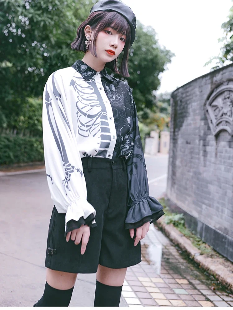 2024 Autumn New Fashion Punk Design Printed Lantern Sleeves Vintage Shirt Women Loose Chiffon Blouses Female Streetwear Y2k Tops