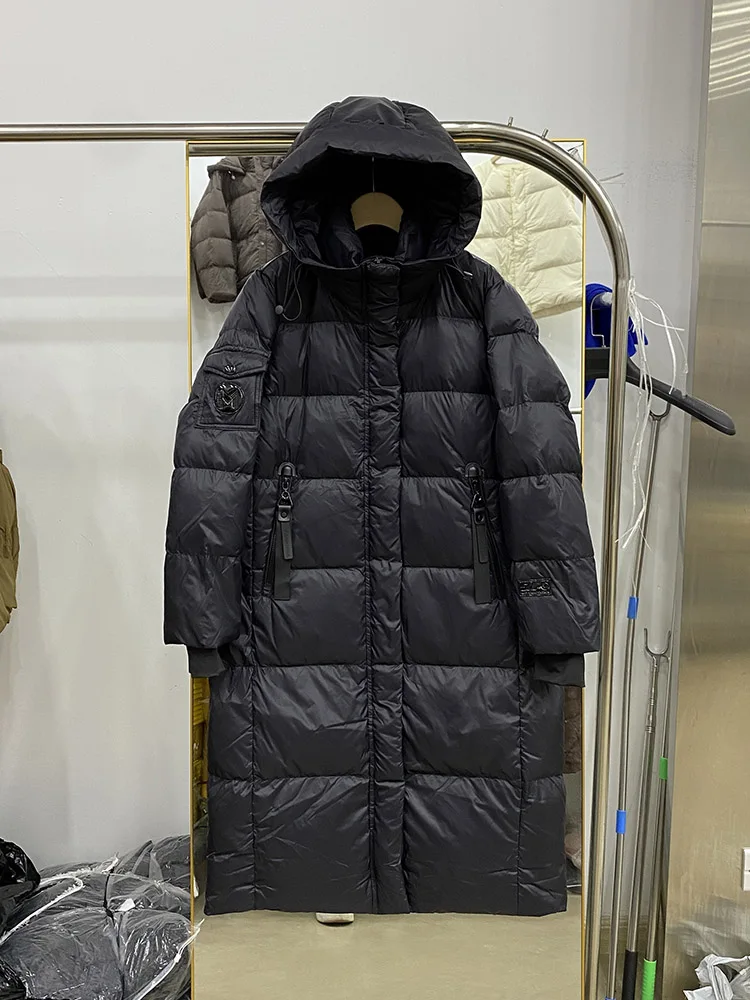 Unisex-Temperament, lange Overknee-Daunenjacke mit Kapuze für den Winter 2022, neue warme und bequeme Jacke in koreanischer Version