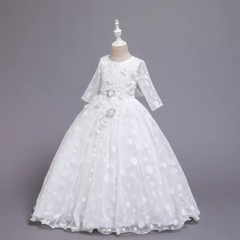 Robe de princesse à pois à manches longues pour filles, jupe de décoration, robes de demoiselle d'honneur, tenue de Rh, spectacle de piano