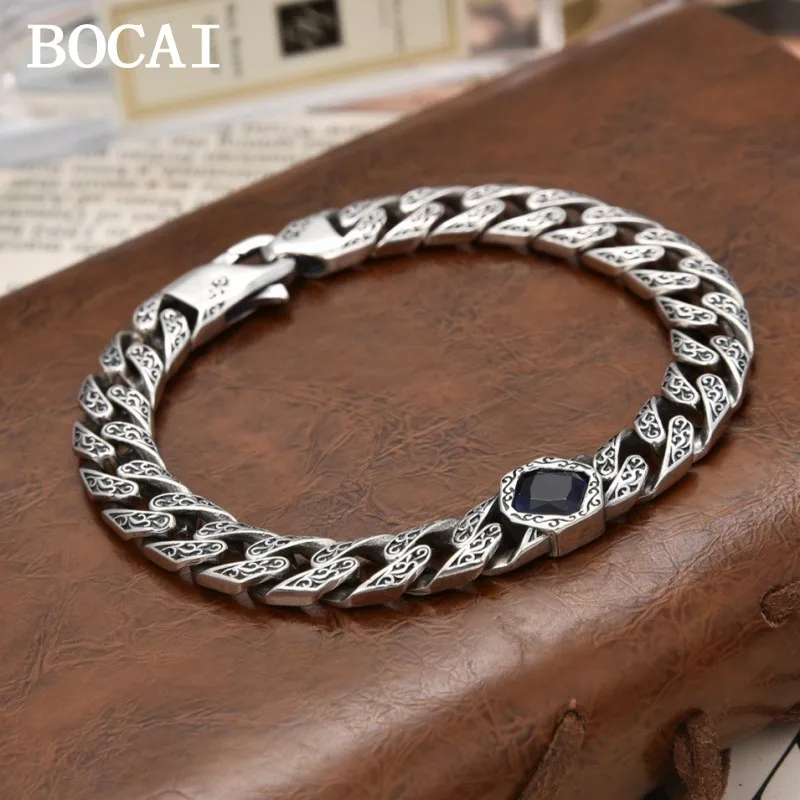 

BOCAI New 9mm S925 Sterling Silver Romantic Ocean Blue Türkiye Emerald Rhombic Diamond Rattan Grass Pattern Bracelet for Men