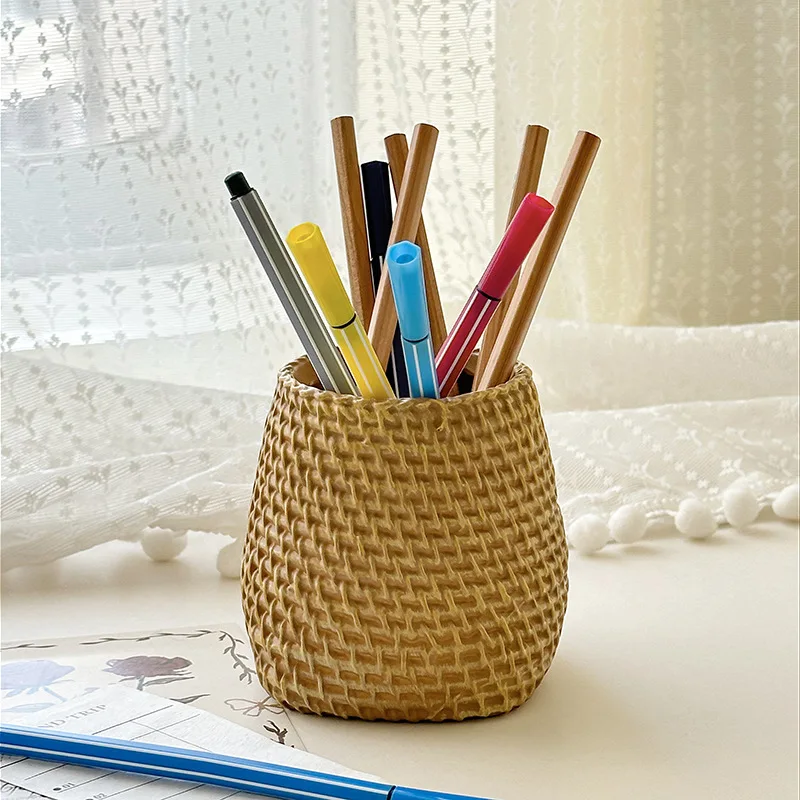 سلة مستديرة منسوجة متعددة الاستخدامات - للأقلام والزهور والتخزين