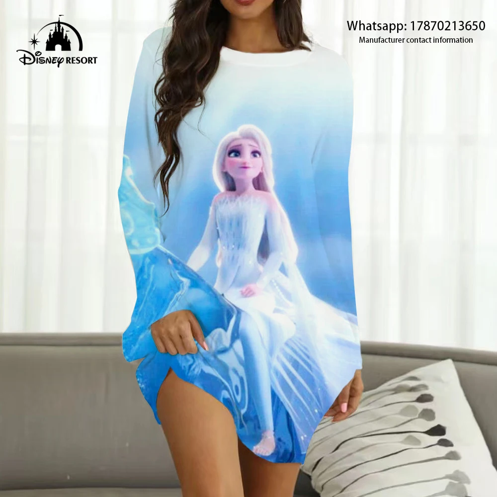 2024 New Frozen Cartoon Print Skirt Fashion Casual Knee-length Home Dress Summer Long Sleeve Home Dress