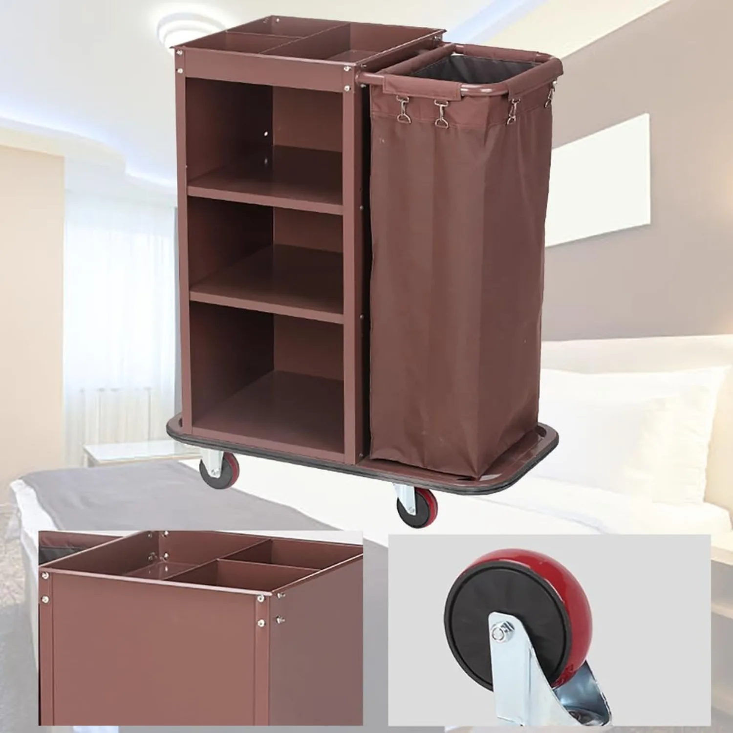 Multifunctional Housekeeping Caddy, Compact Service Trolley, Hotel Cleaning Cart with Removable Canvas Bags & Locking