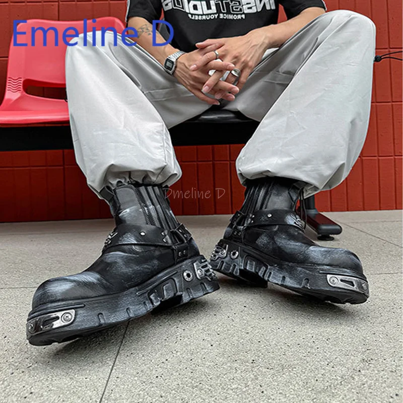 

Trendy Rock Short Boots Fashionable Punk Style Niche Design Black Big Toe Thick Sole Retro Sponge Cake Motorcycle Men's Boots