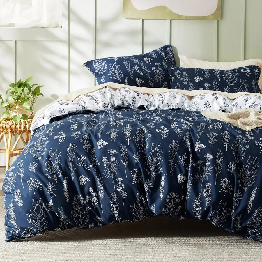 

Duvet Cover Queen Size Reversible Navy Blue Queen Duvet Cover Set with Zipper Closure, 3 Pieces Floral Patterned Bedding Set wit