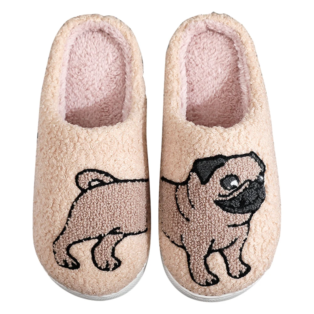 

Plush Pug Slippers Comfortable Flat Thermal Slippers Anti Slip Fluffy Couple Slippers Furry Dog Slippers for Indoor Bedroom