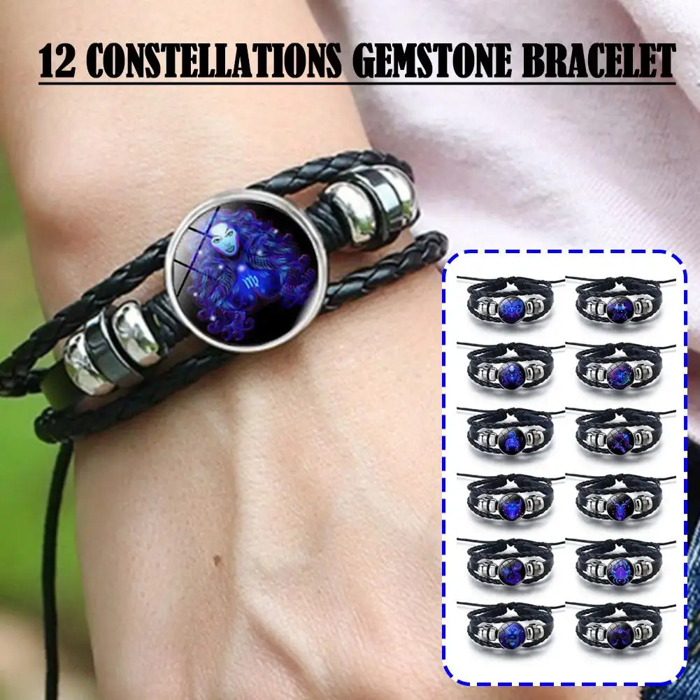 12 Bracelets Punk Braided Leather Buttons Gemstone Constellations Unisex Bangle Multilayer Bracelet Jewelry 12 A0U8