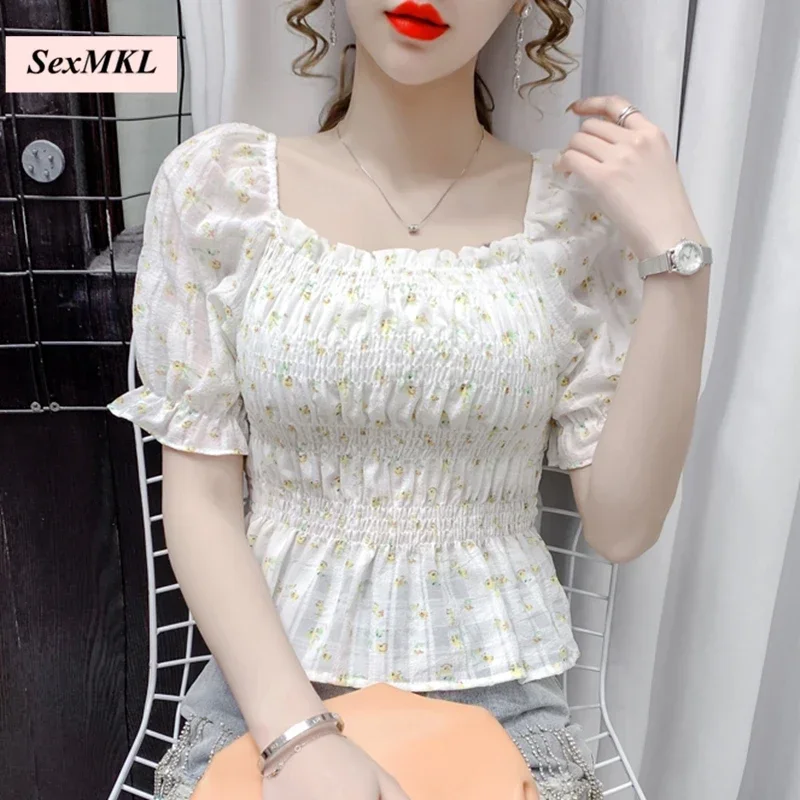 Fashion Puff Sleeve Vintage Summer Blouses Women 2024 Casual Floral Printed Short Crop Tops Korean Sexy Chiffon Blouse Blusas