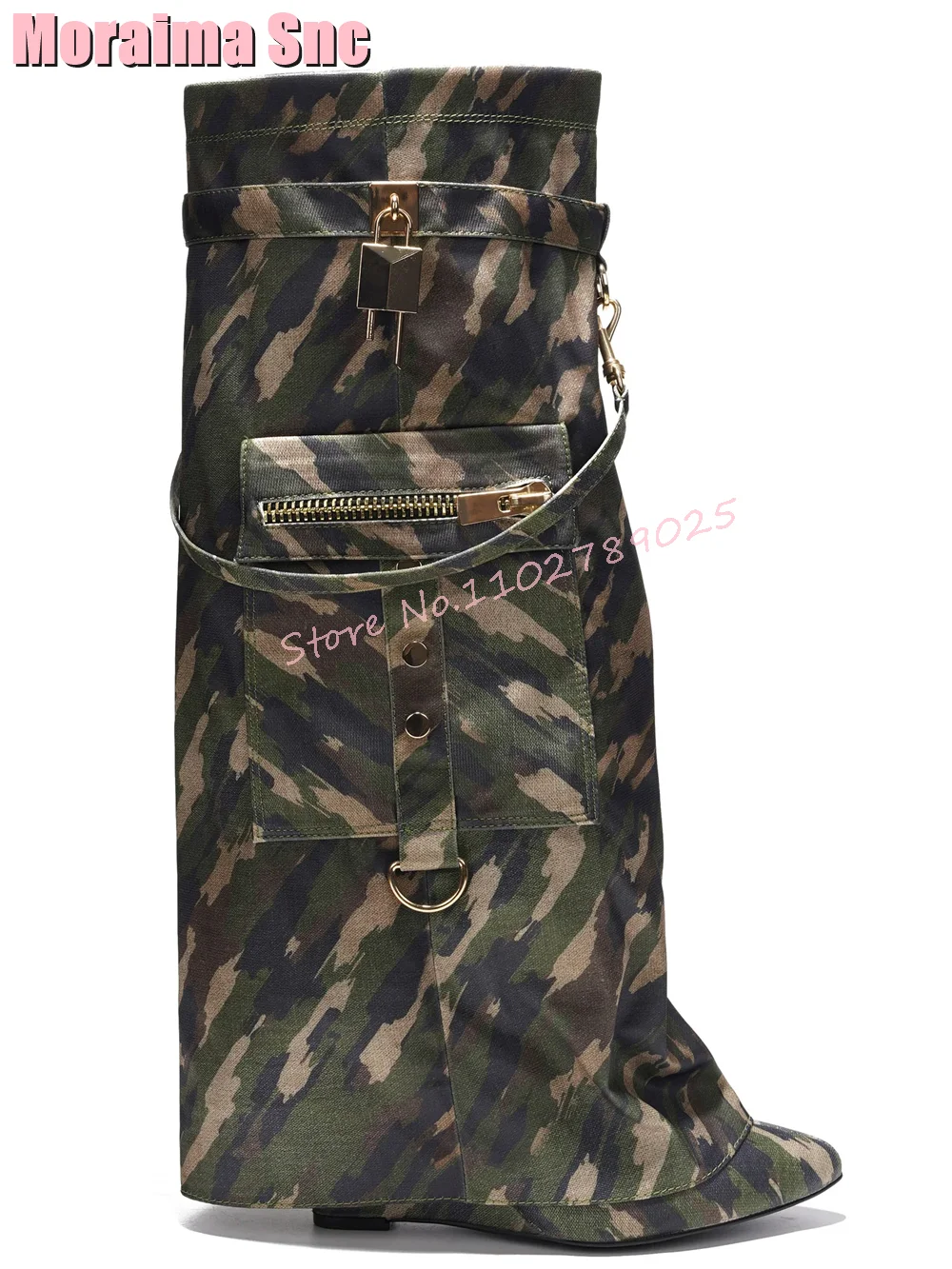 Pocket Padlock Turned-Over Edge Knee High Boots Pointed Toe Wedges Black Fashion Unique Women Long Boots Side Zipper Winter 2023 image 5