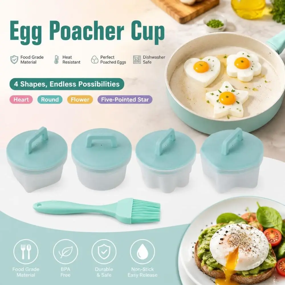 4PCS Heart Round Flower Egg Poacher Cup PP Five-Pointed Star Poached Egg Cooker With Lid Oil Brush Pudding Mold