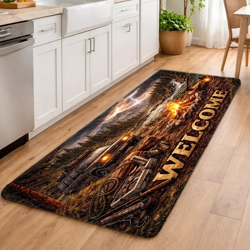 VIKAMA Welcome Camping Off Road SUV Doormat Wilderness Mountain Campfire Print Non Slip Absorbent Floor Mat Rustic Cabin Entranc