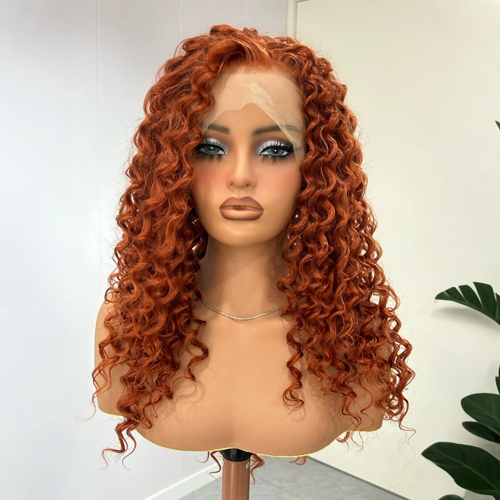 Peluca rizada Auburn, pelucas frontales de encaje sintético para mujer, parte libre, jengibre, rizado largo y profundo, pelucas rizadas Afro 13X4 para fiesta diaria