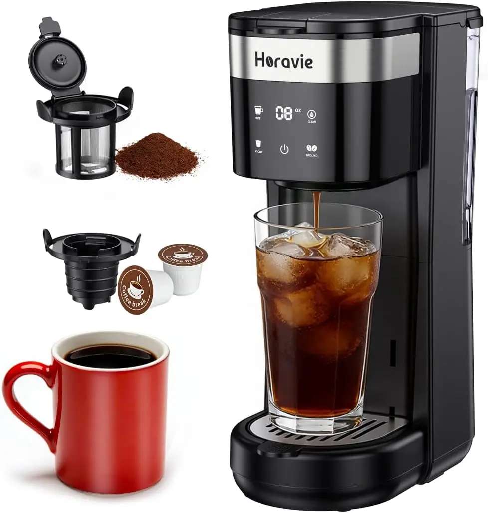 

Single Serve Coffee Maker with 5 Brew Sizes, Hot & Iced K Cup Compatible, Removable Reservoir and Descaling Alert