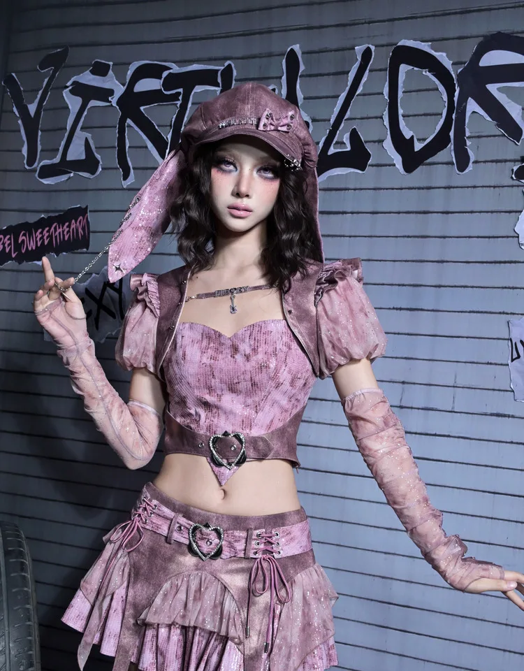 

Оригинальный дизайн Y2k Hot Girls Punk Subculture Укороченный топ с короткими пышными рукавами и сердечками Спагетти Sweet Cute 2pcs Party Top Summer