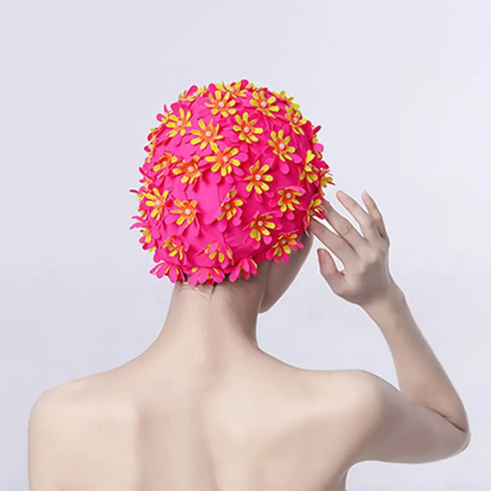 لؤلؤة الأزهار البتلة قبعة السباحة الشعر الطويل خمر نمط قبعة السباحة خفيفة الوزن تنفس قبعة السباحة الرياضات المائية #4