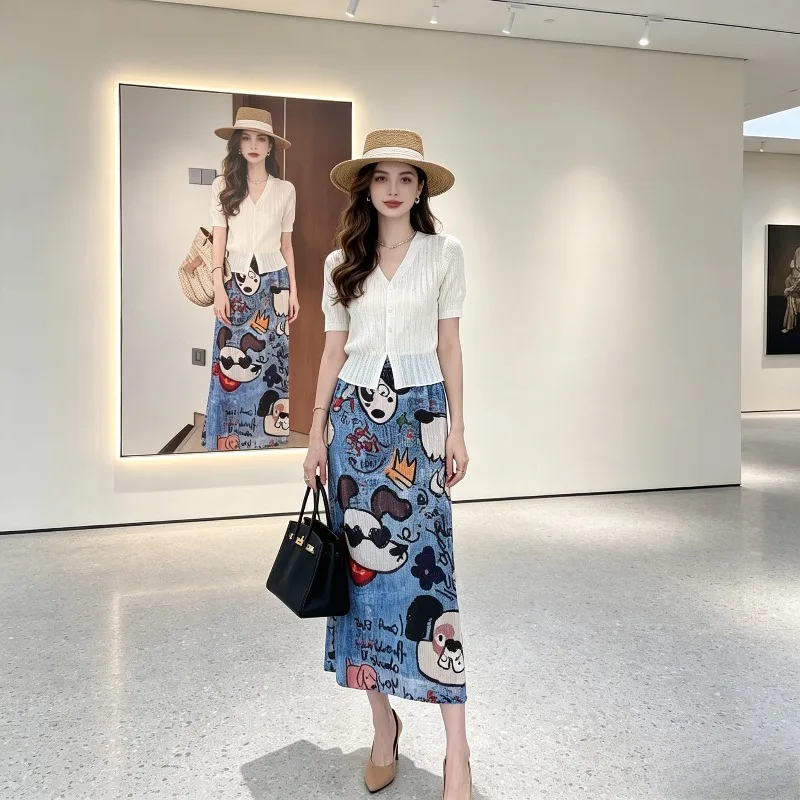 Miyake Pleated Cartoon Dog Print Skirt for Women Summer Faux Denim Graffiti High Waist Straight Mid-Length Pleated Skirt Pleat