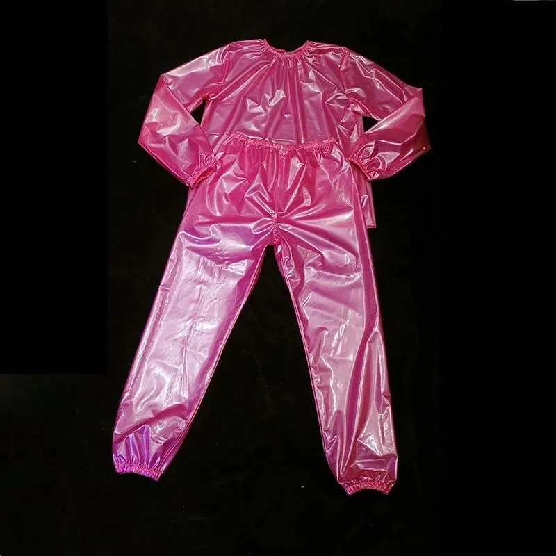 Handmake Pink PVC Waterprpoof Pullovers With Trousers Suit O Neck Long Sleeve ABDL