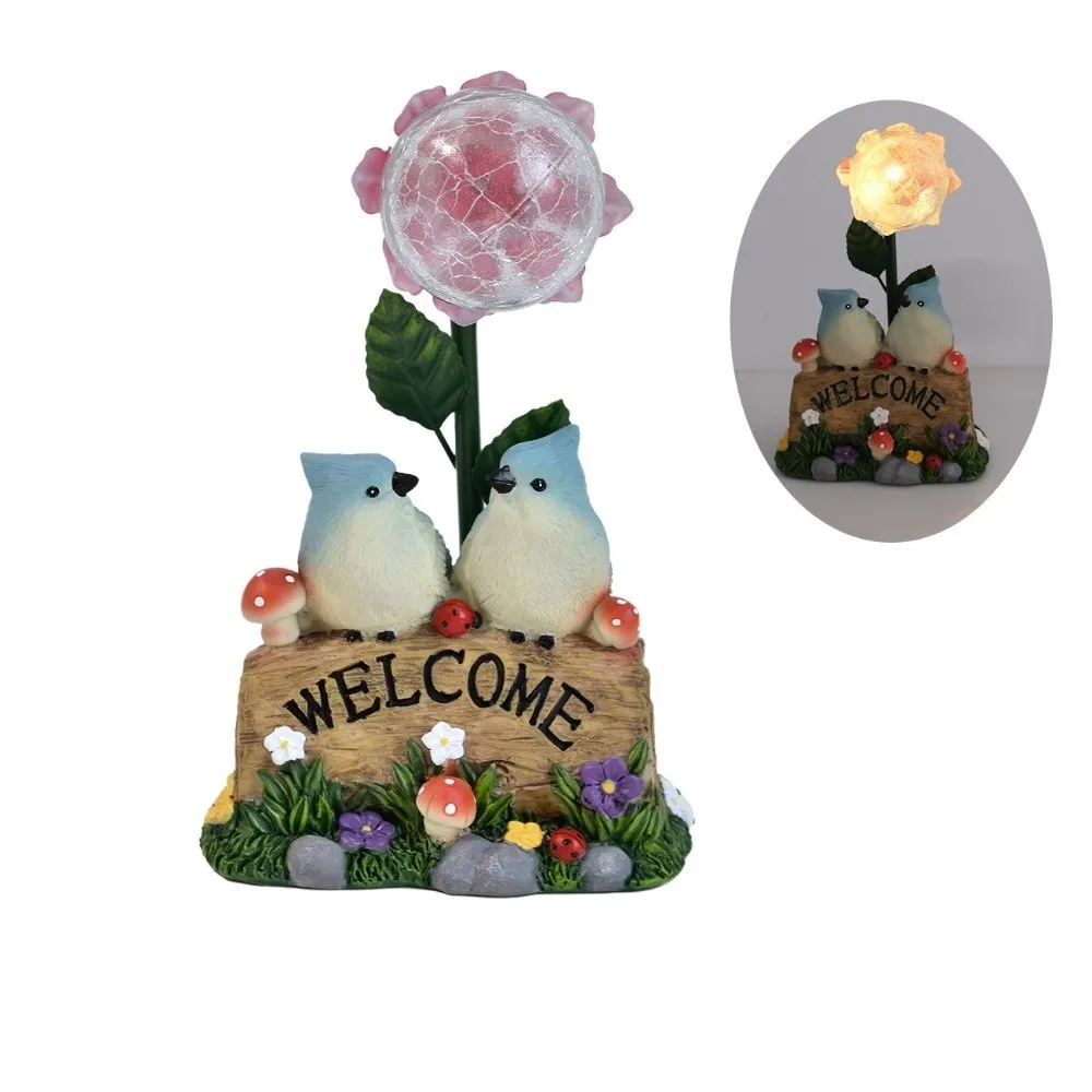 Solar Powered Garden Welcome Sign Warm Light Creative Design Bird Figurine Durable Resin No Wiring Needed Garden Ornament