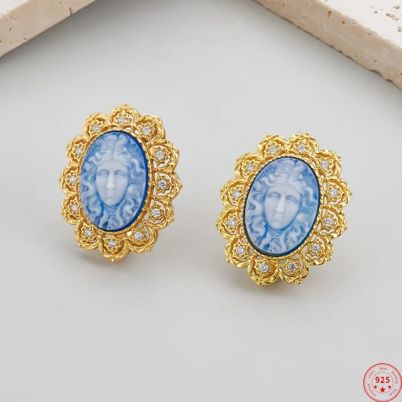 BBOCAI NEW S925 Sterling Silver Stud Earrings for Women Relief Blue Agate Beauty Girl Charms Gilded Ear Stud Fine Choice Jewelry