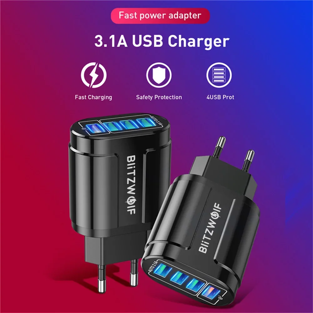 BlitzWolf BK-385 48W 4 USB-poorten QC 3.0 snellader muur reizen opladen EU-stekkeradapter voor 14 14 Plus 14 Pro voor Galaxy S22