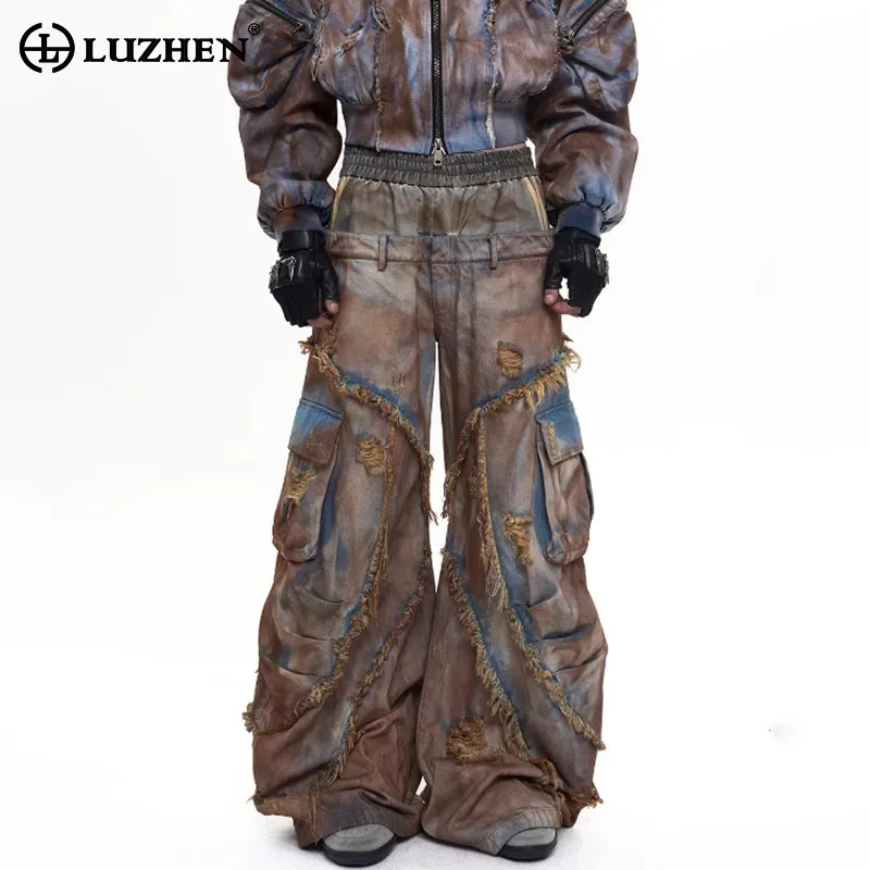 

LUZHEN 2025 New High Street Double Layer Waist Design Jeans Men Fashion Personalized Edge Burr Loose Wide Leg Denim Pants JY3297