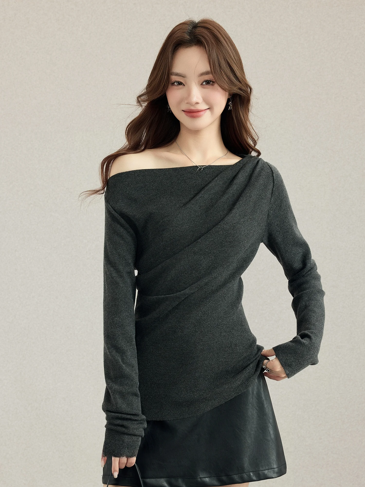 

oulder Bared Long Sve Knitted Sweater Women's Spring New Slant Collar Design Inner Wear Base Top Vintage Sle Slim Fit