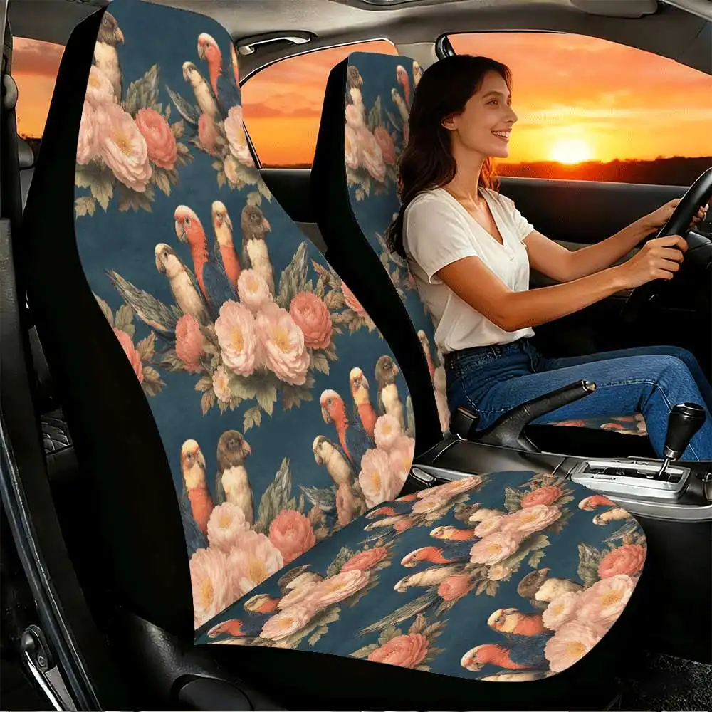 2pcs Colorful Parrots & Peony Flowers Car Seat Covers Compatible For Women, Front Seat Covers With High Back Design, Vehicle Acc