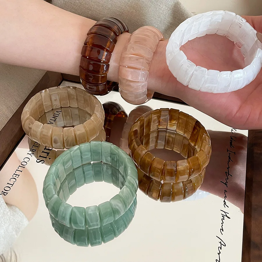 

Vintage Acrylic Bracelet Bangle for Women Men Bohemian Wide Rectangle Elastic Bracelets Minority Design Smudging Hand Jewelry
