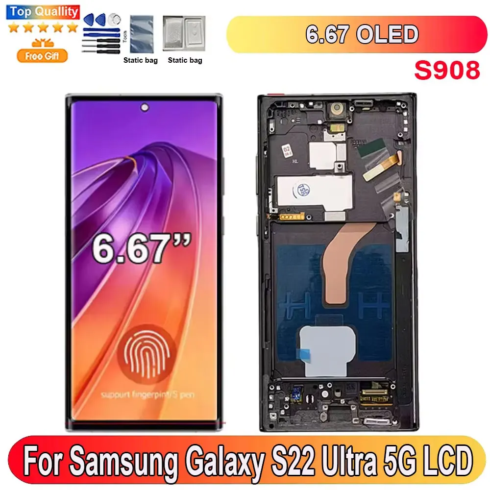 

6.67"OLED For Samsung Galaxy S22 Ultra 5G LCD Display Screen Touch Panel Digitizer Replacement Parts Support Fingerprint S908B