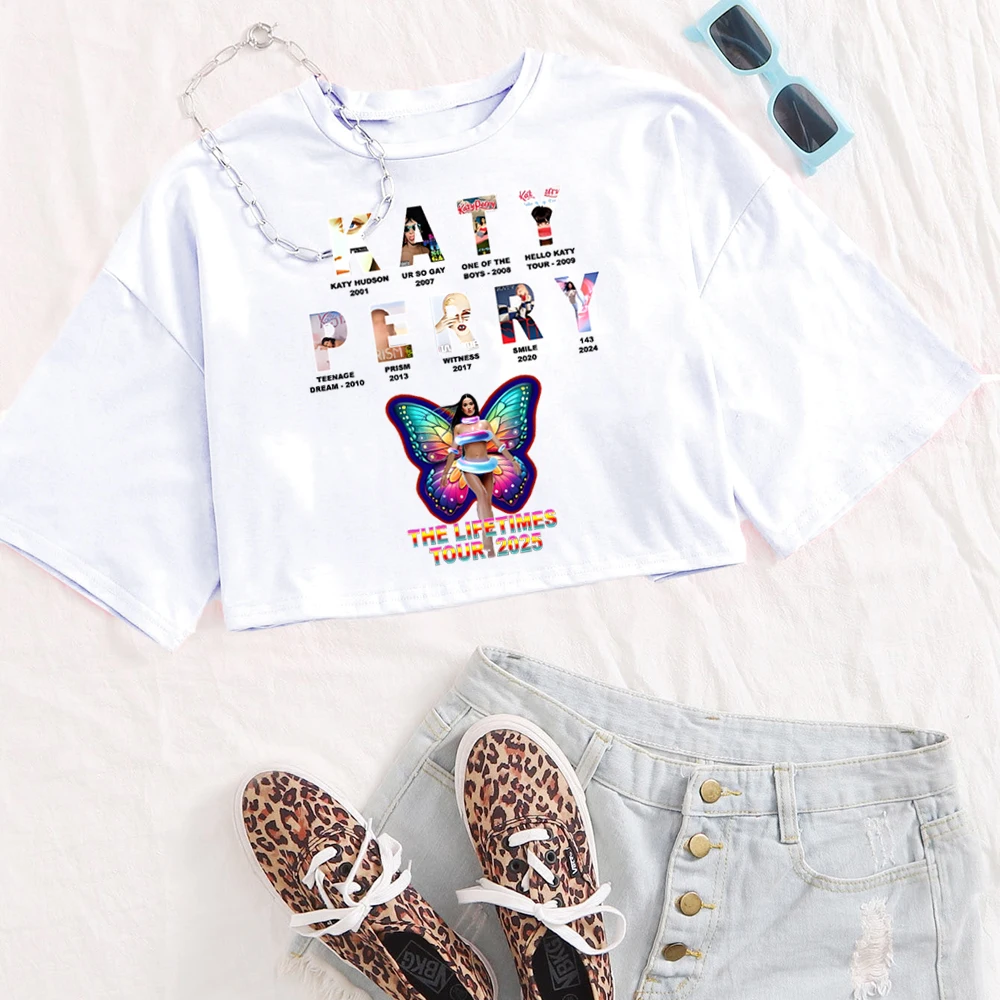 كاتي بيري 2025 جولة الحياة قميص المرأة س الرقبة قصيرة الأكمام المحاصيل القمم تي شيرت المشجعين هدية