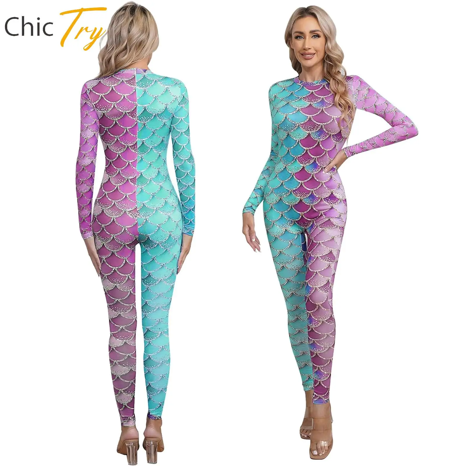 Women Sexy Long Sleeve Swimsuit Cosplay Carnival Halloween Fashion Costume Mermaid Fish Scale Jumpsuit Full Body Romper Bodysuit