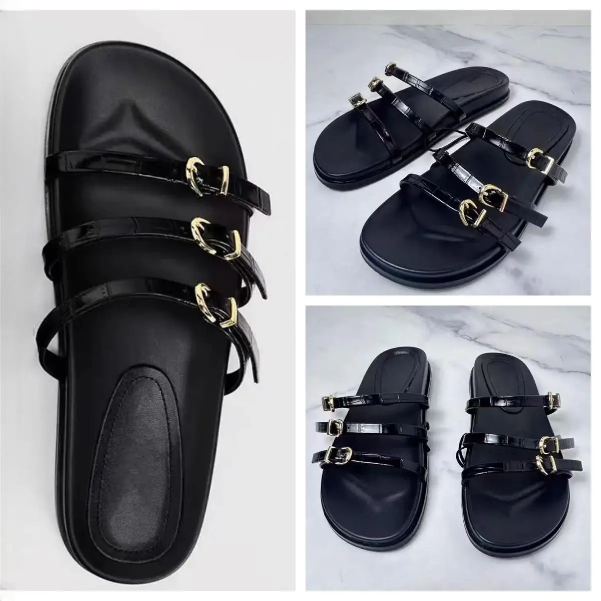 TRAF Woman Black Flat Sandals Round Head Open Toe Buckled Strap Slipper Shoe 2024 Summer Female Outdoor Beach Casual Flip Flops