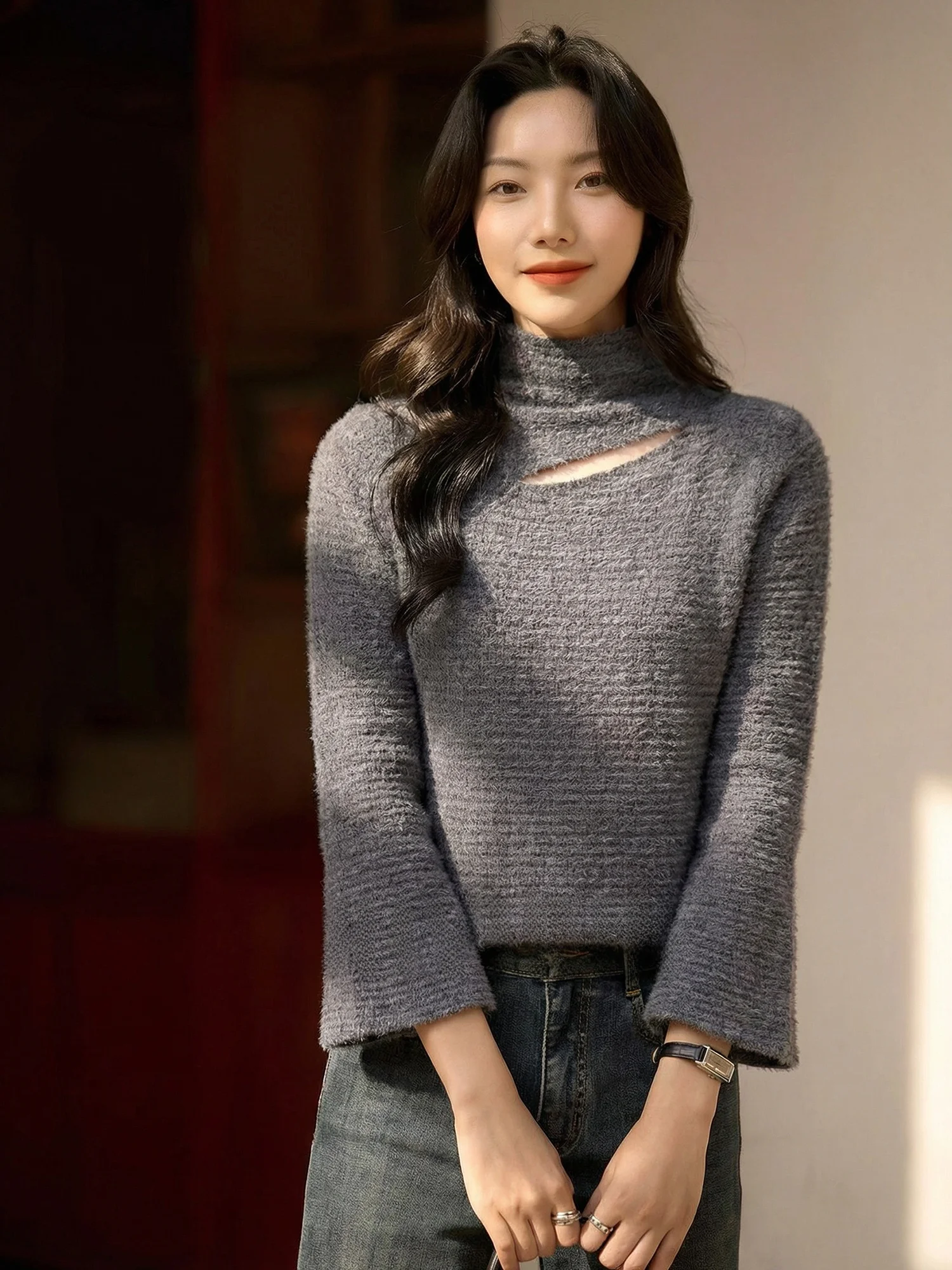 

Женский шерстяной вязаный свитер Chivirin с высоким воротником, ажурным дизайном, весенний, модный, для повседневной носки, приталенный, с длинными рукавами