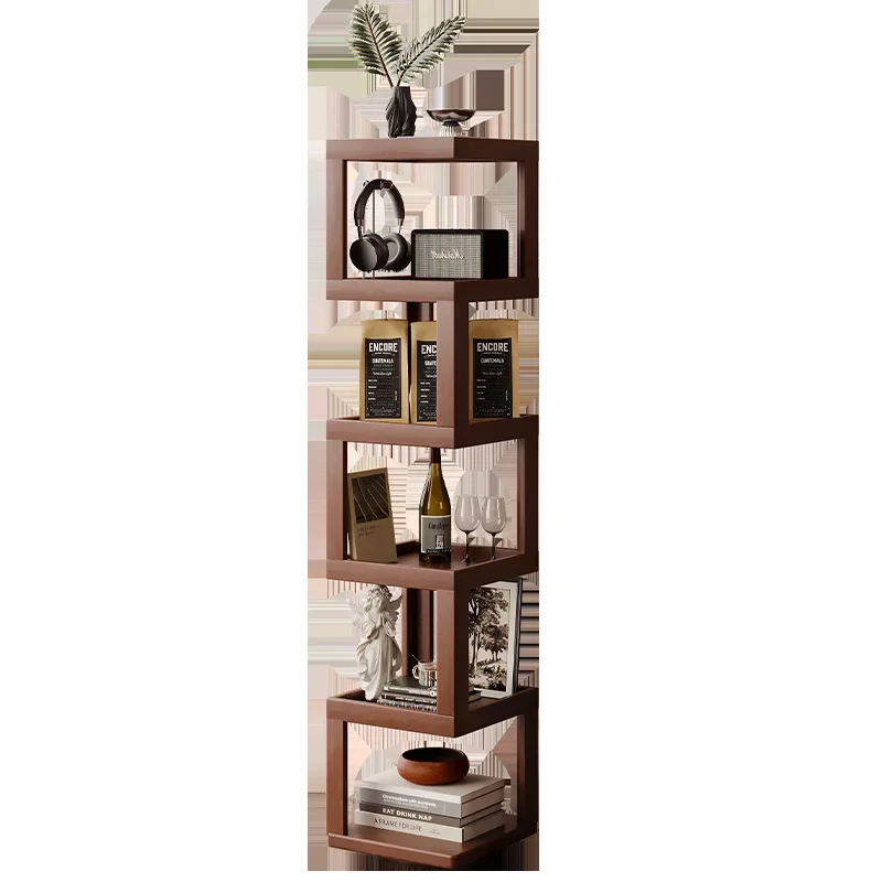 #All-in-One Wall Leaning Narrow Storage Shelf For Living 360 Degree Rotating Solid Wood Bookshelf Floor Standing Corner Bookcase