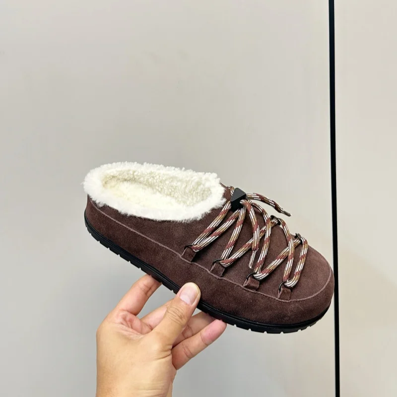 fall shoes for women 2026 retro in winter shoes women Tieup lamb fur half toop slippers for women Warm and versatile