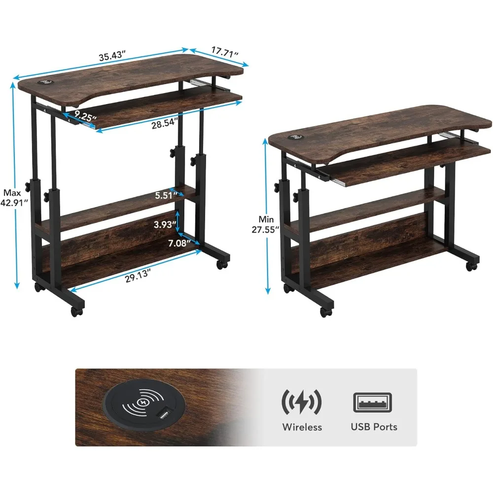 US Portable Desk with Power Outlets,Height Adjustable Side Table Sofa Couch Bedside Laptop Computer Cart with USB Charging Ports