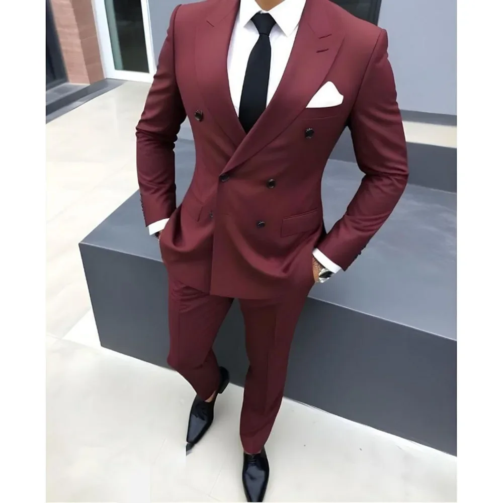 

Burgundy Solid Color Peak Laple Men Suits Double Breasted Prom Party 2 Piece Jacket Pants Costume Homme 2024