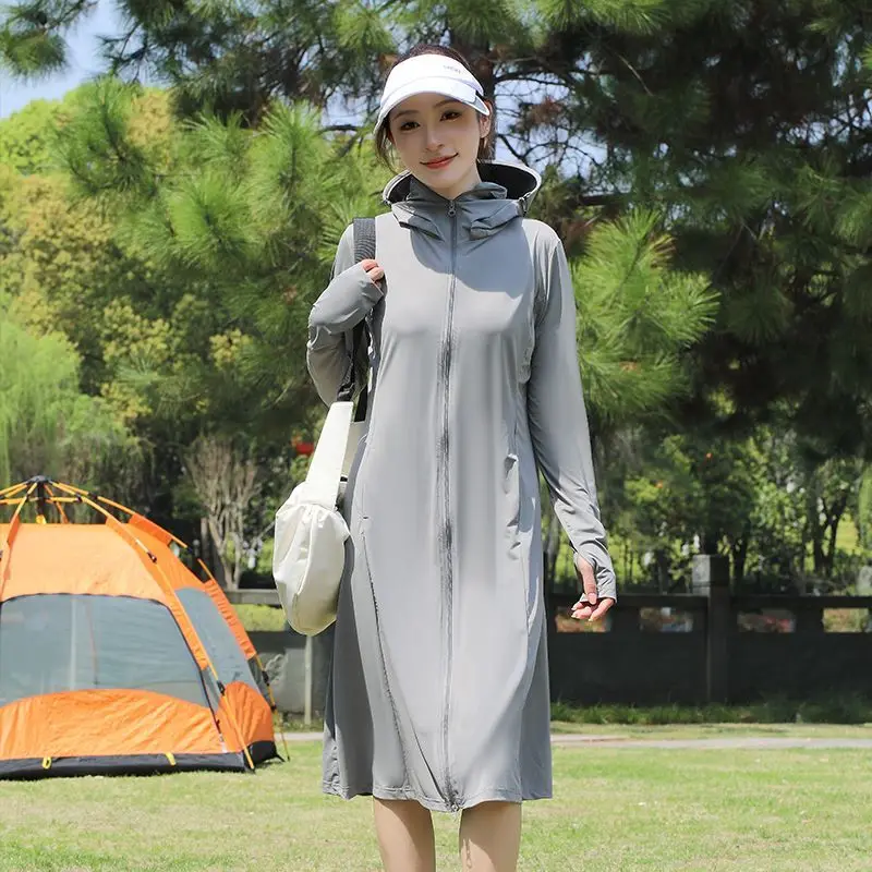 Long Sunscreen Clothing Women's UPF50 Ice Silk Feeling Over The Knee Hooded Zipper Summer Thin Jacket Summer Sun Protection Coat