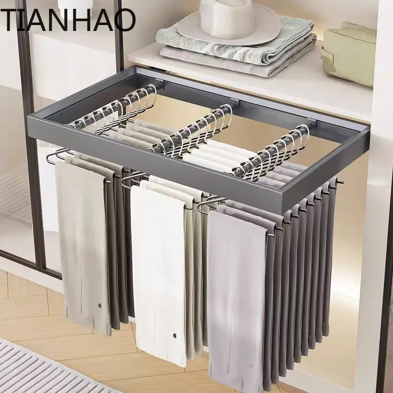 Adjustable Pull-Out Pants Hanger Slide Rail Organizer for Wardrobe Side Mount Internal Closet Storage for Jeans Trousers