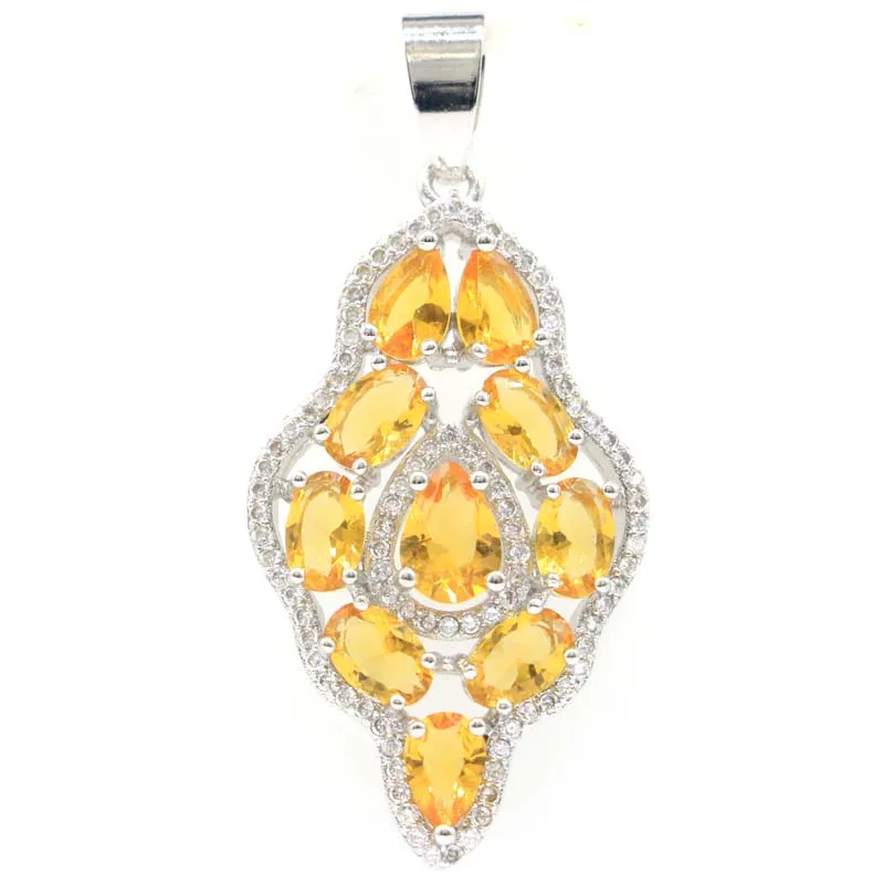 SheCrown 43x20mm Romantic Long Golden Citrine White CZ Woman's Weeding Silver Plated Pendant