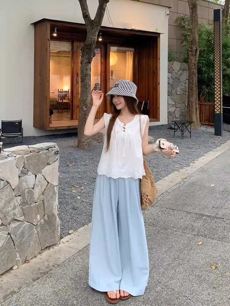 

Embroidered Hollow out Shirt Belted High Waist Wide Leg Casual Pants Women's Fashion Set Summer 2026 Trendy Two-Piece Suit