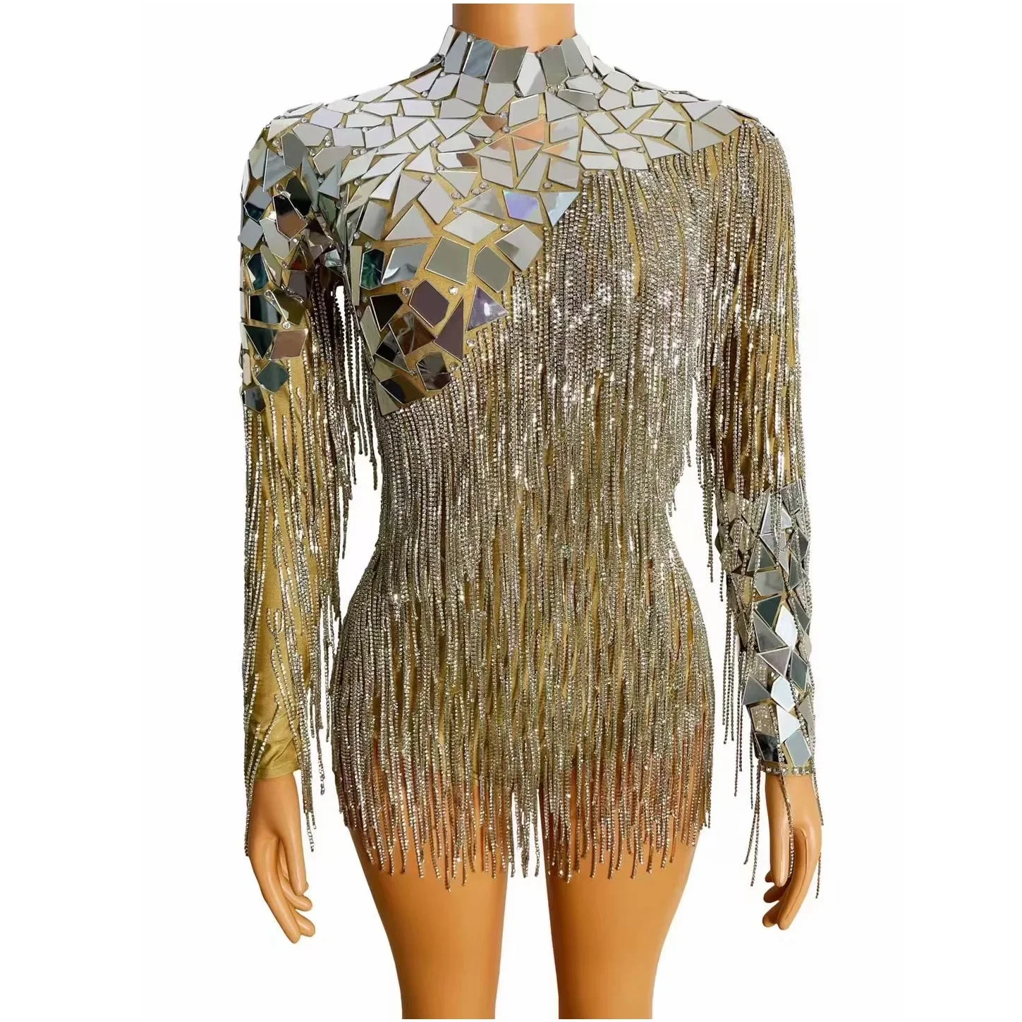 Silver Shining Mirror Sequins Backless Tassel Sexy Bodysuits For Women Nightclub Party Clothing Bar DJ Prom Dance Costumes