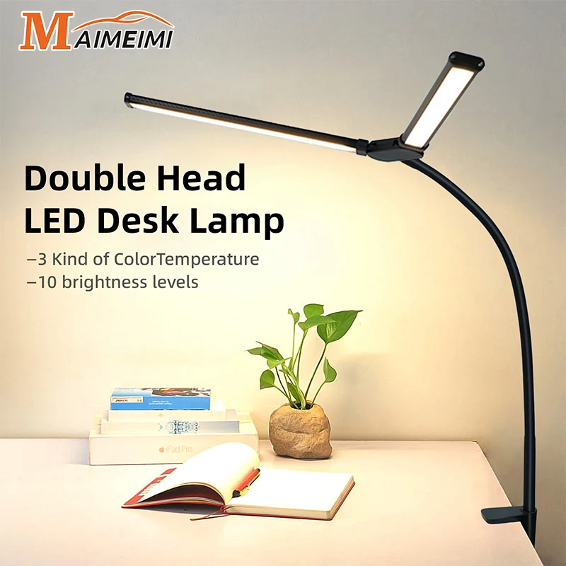 

Настольная лампа с двойной головкой, светодиодная клипса, настольная лампа Architect для освещения домашнего офиса, 3-цветный режим и 10 настольных ламп с регулируемой яркостью для защиты глаз