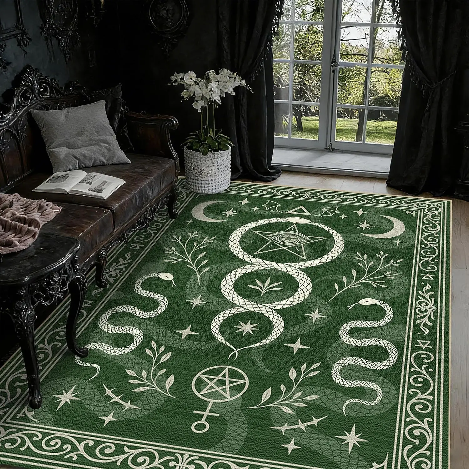 1pc 2D Flat Green Mystic Snake Moon Printed Floor Mat, Decorative Rug for Living Room, Bedroom, Office, Home Decor