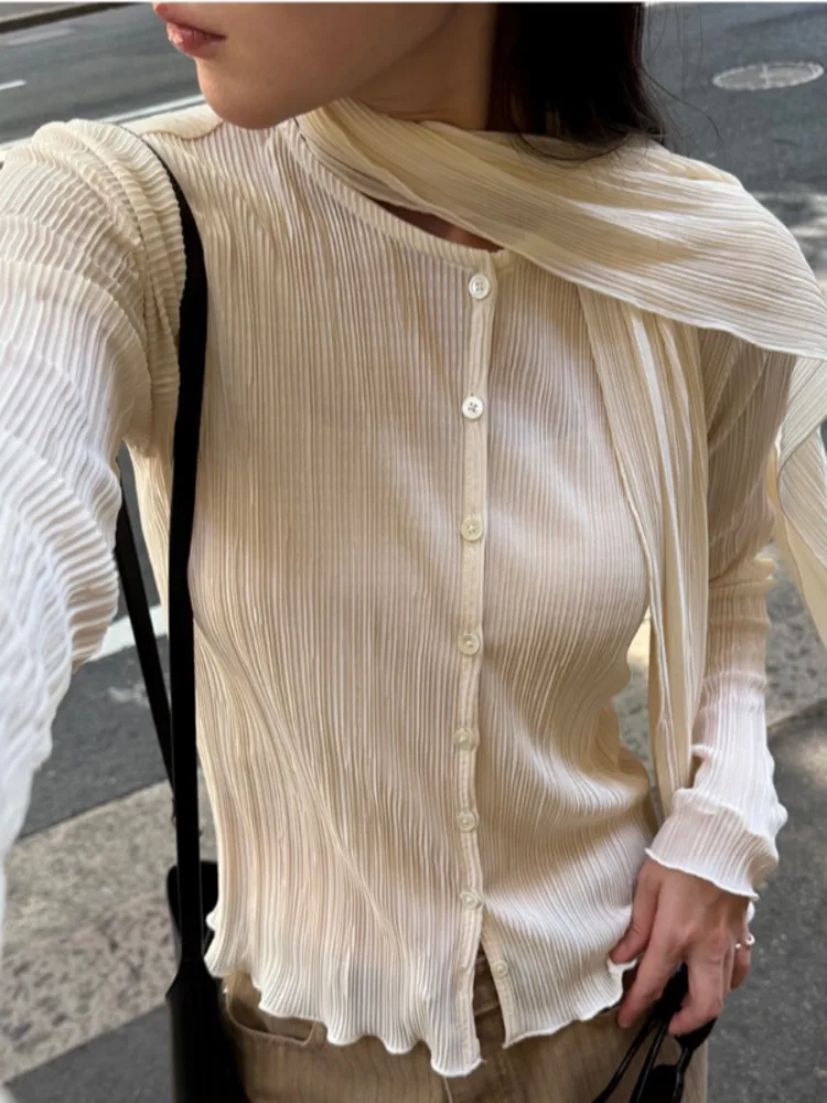 Elegant Summer Long Sleeve Women's Shirt Neck Hanging Sash Pleated Texture round Neck Single Button Elastic Shirt Korean Style