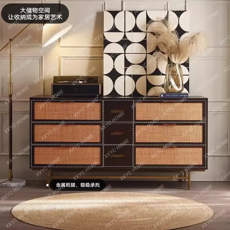 

HModern simple medieval old wabi wind solid wood rattan entrance cabinet