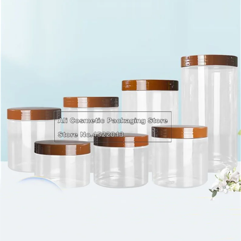 

150~1000ML Brown Cap Transparent Lid Cover Clear Empty Packaing PET Plastic Jar Pot Container Bottle