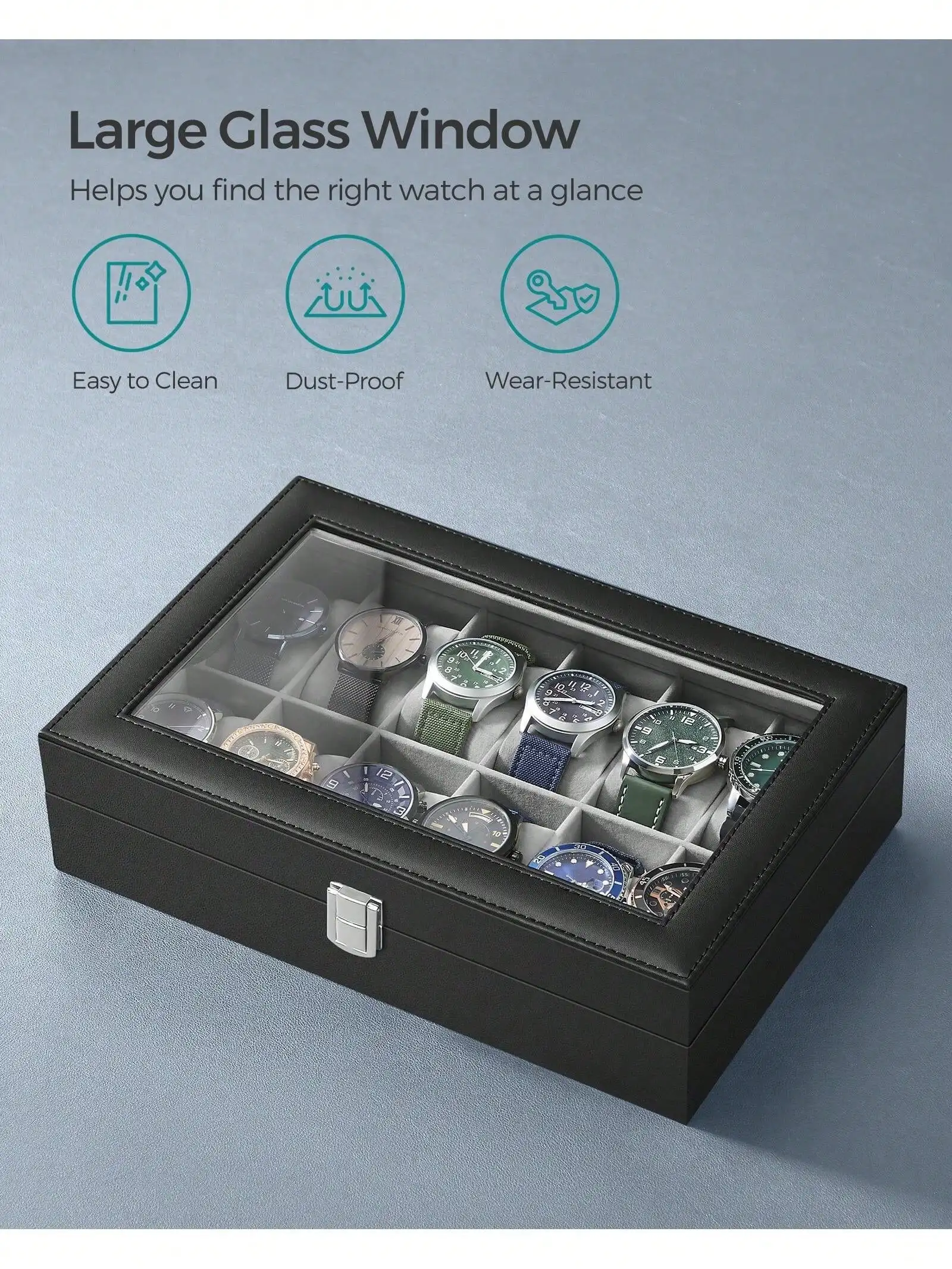 12-Slot Lockable Watch Box with Glass Lid & Drawer, 2-Layer Leather Watch Display Case Organizer for Rings Bracelets, Black/Brown/Gray view 7